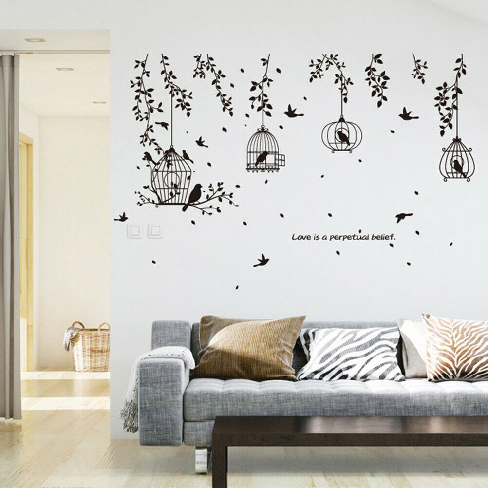 Black Bird Cage and Leaves Silhouette Patterns Wall Stickers TV wall stic.l8