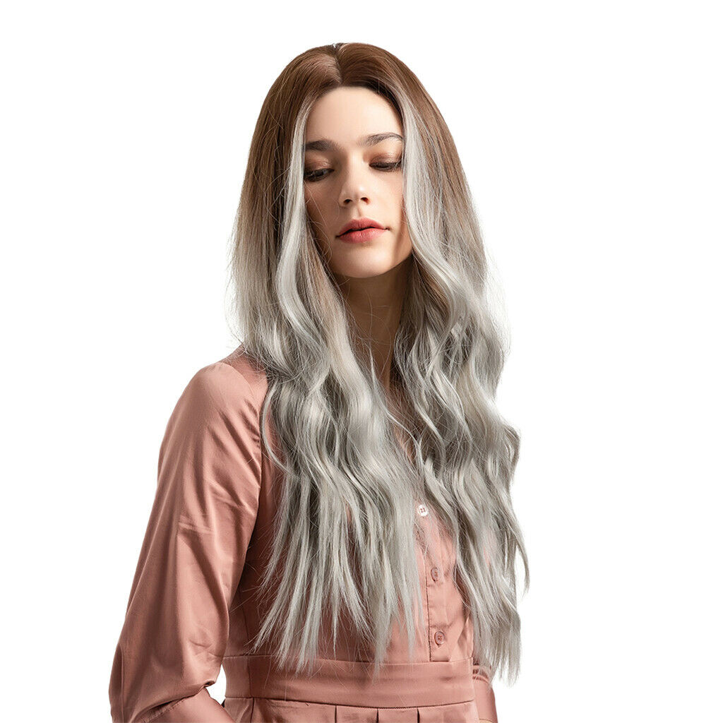 Ombre Brown Gray Long Curly Wavy Full Wigs Women Ladies Synthetic Hair 26"ï¼Œ