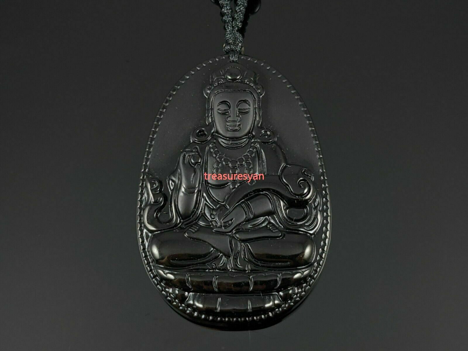 Natural Black Obsidian Guan Yin Pendant with Woven Necklace