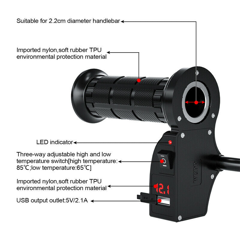 12V Motorcycle Electric Heating Handle w/ Switch Digital Display High Low Temper