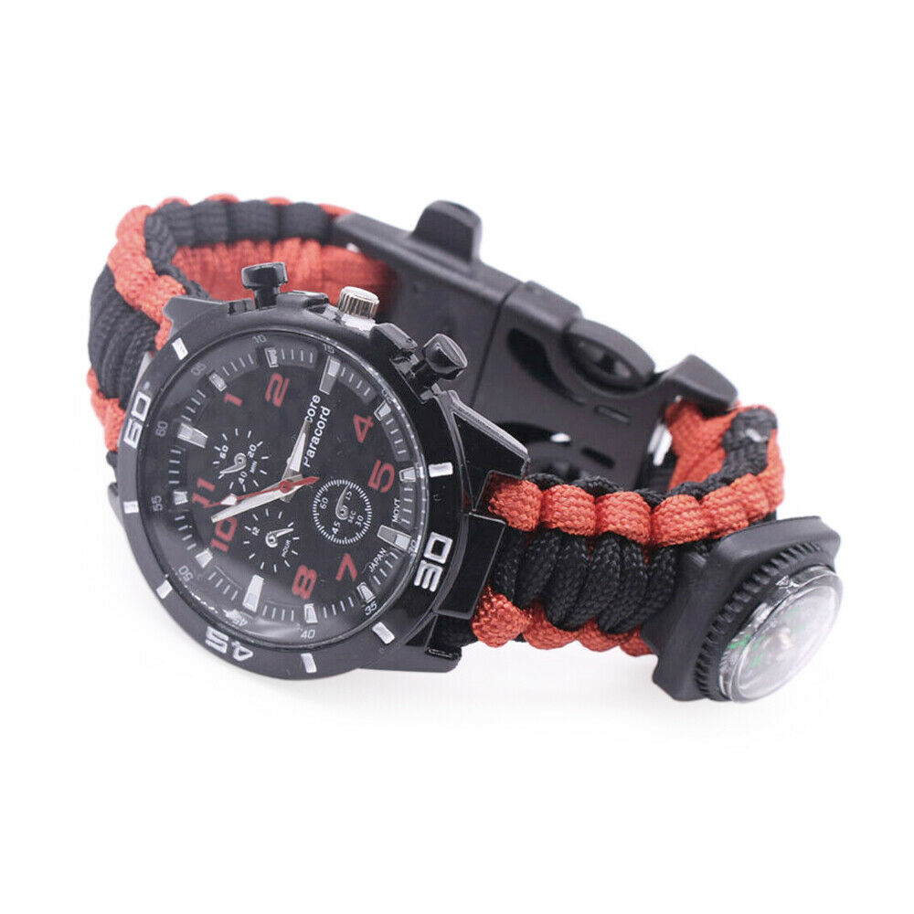Survival Watch Bracelet Paracord Compass Flint Fire Starter Whistle Outdoor RK B