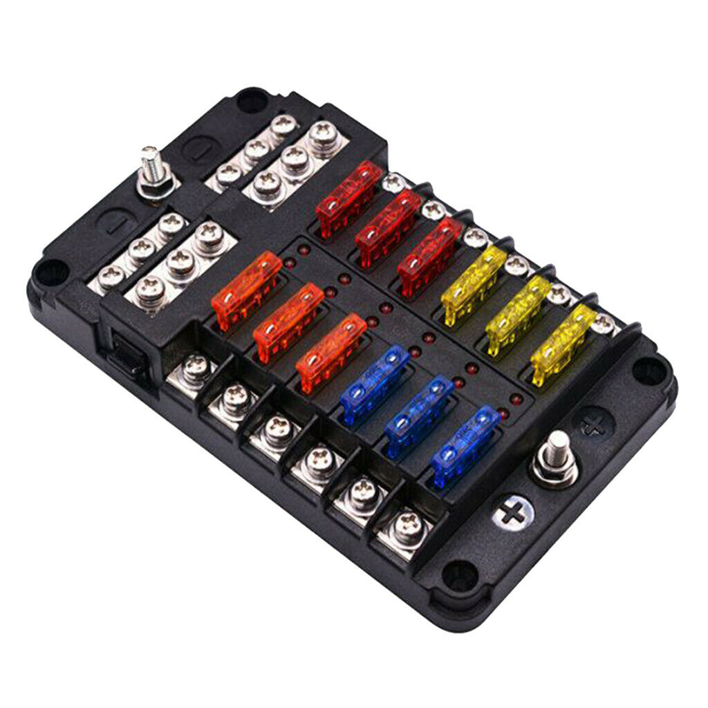 12 Circuit Automotive Fuse Holder LED Illuminated for Car Marine RV Yacht