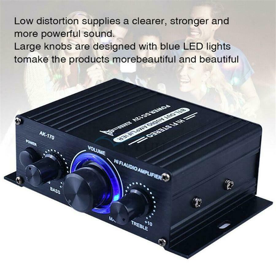 1 × DC 12V AK170 Aluminum Alloy Black 2 Outputs Mini HIFI Audio Power Amplifier