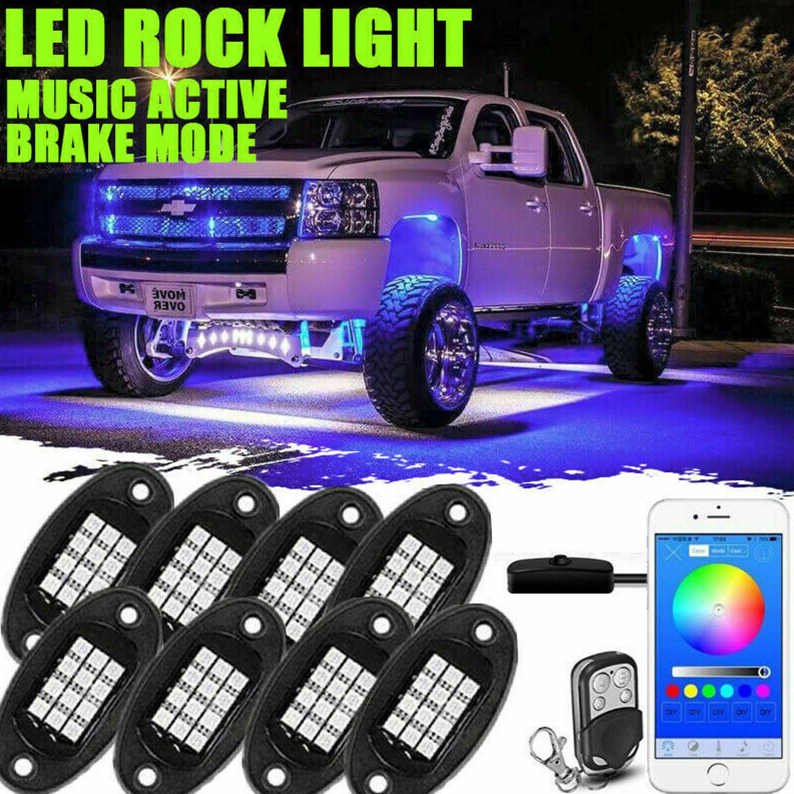8x LED RGB Offroad Rock Light Underbody Lamp bluetooth APP Control For Car Truck