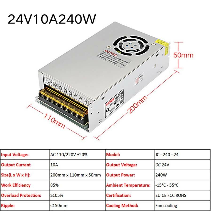 24V 10A 240W Regulated Switching Power Supply Transformer PSU DC Built-in Fan