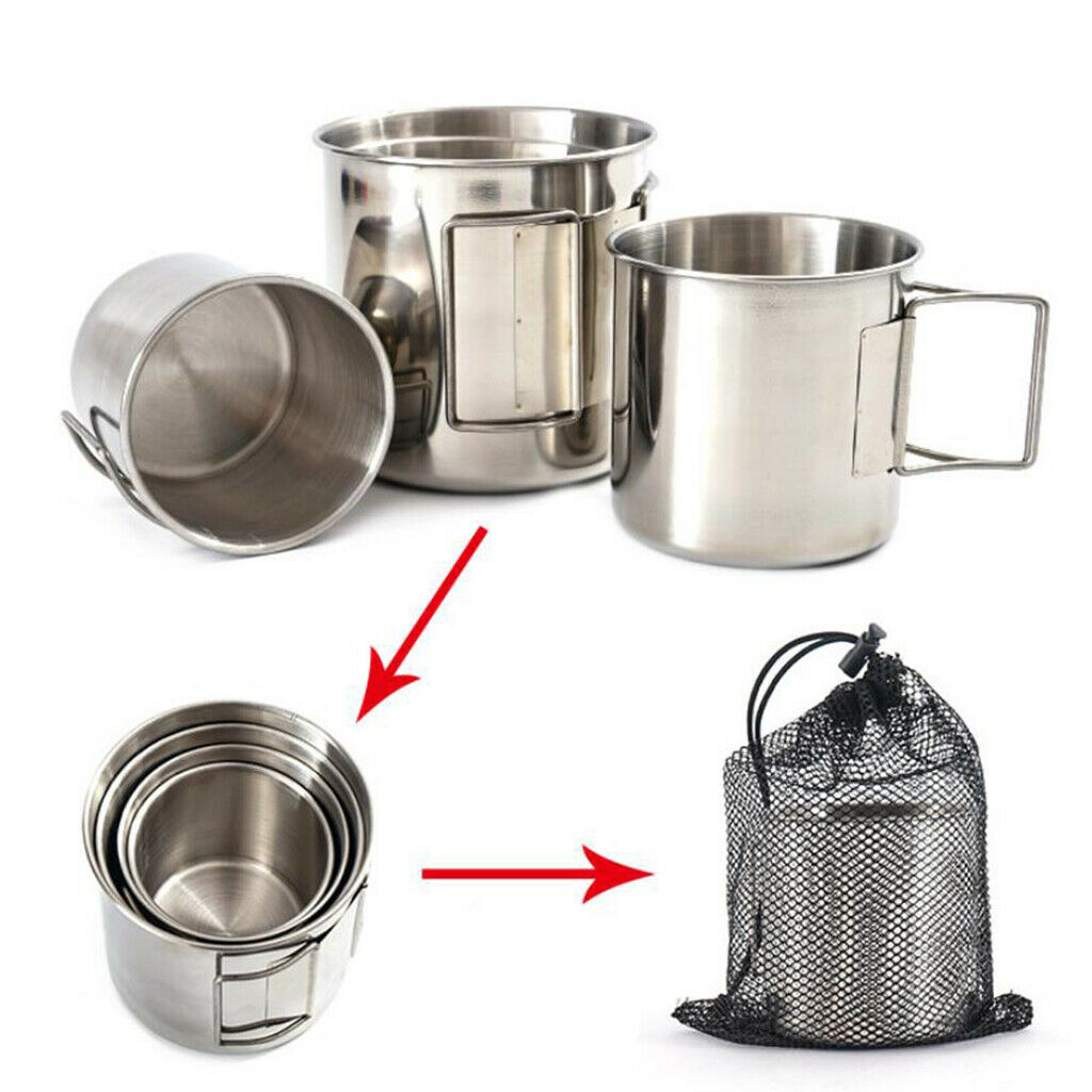 4 Pcs Stainless Steel Cup Outdoor Camping Picnic Water Cup w/Foldable Handle