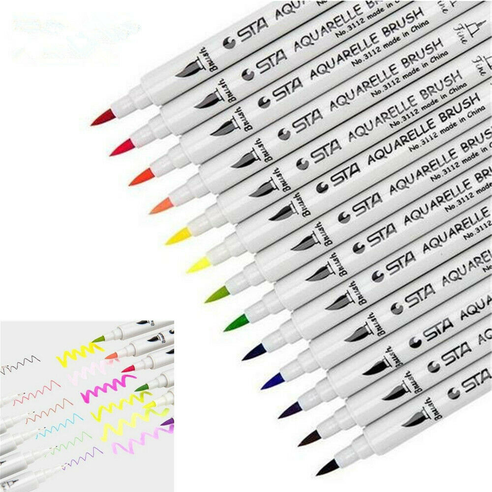 100 Colour Dual Tip Brush Pens w/ Fine liners Colouring Art Markers Drawing â¤