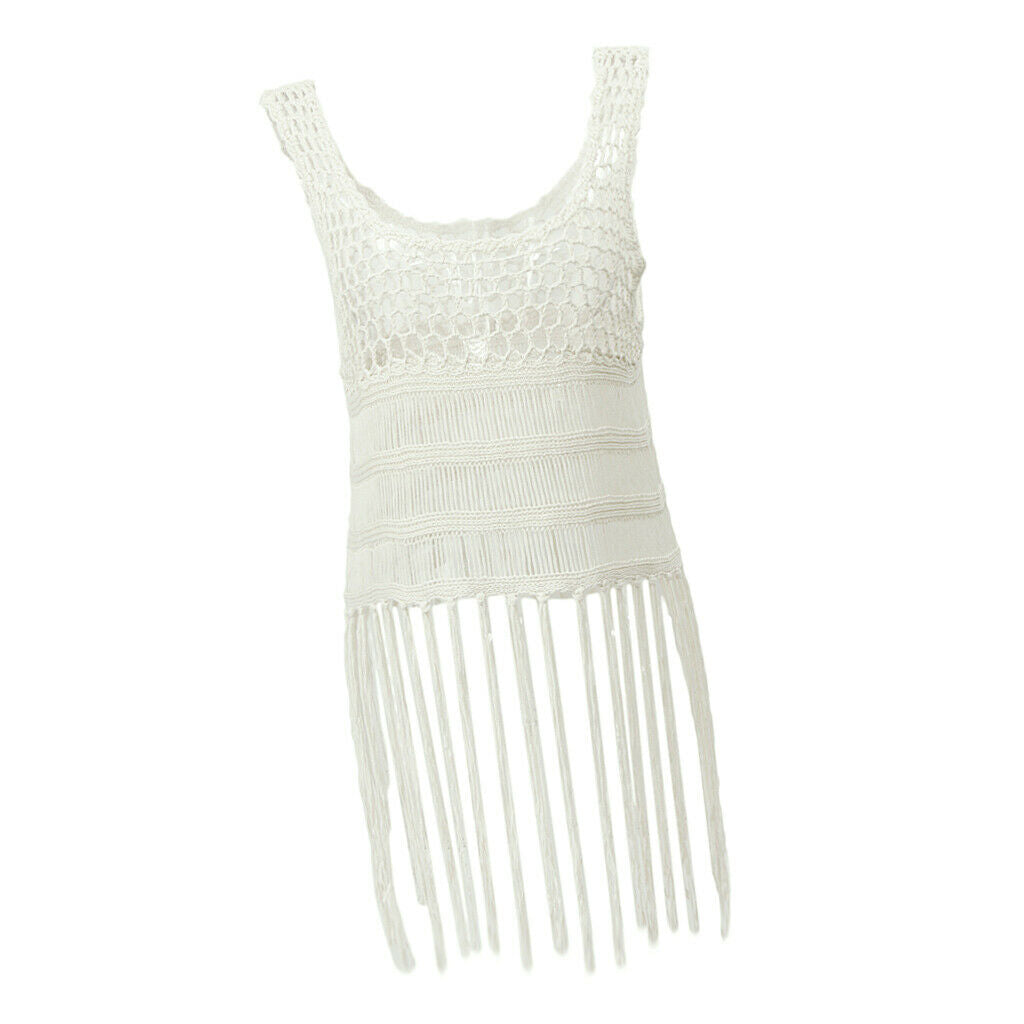 Women Crochet Knit Tank Camis Fringe Tassel Bikini Cover Ups Swimwear White