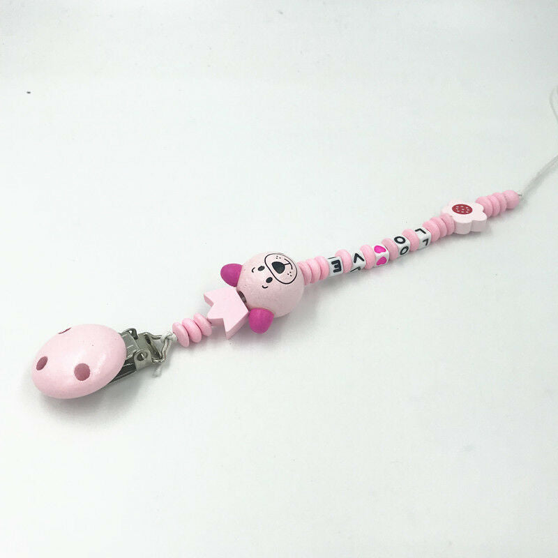 Pink Crown Bear Beaded Wood Pacifier Clips Pacifier Chain Baby Soother Clips