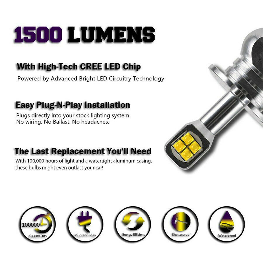 2pcs 6000k White H3 LED Fog Bulb Kit 's Replacement Light DRL 1900LM High Power