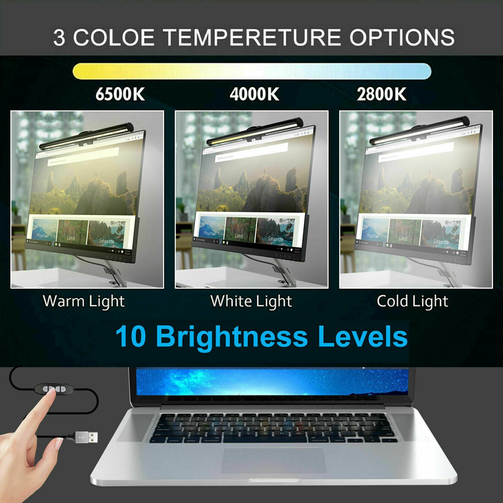 LED Desk Lamp USB Computer Laptop Monitor Screen Clamping Light Bar Office Home