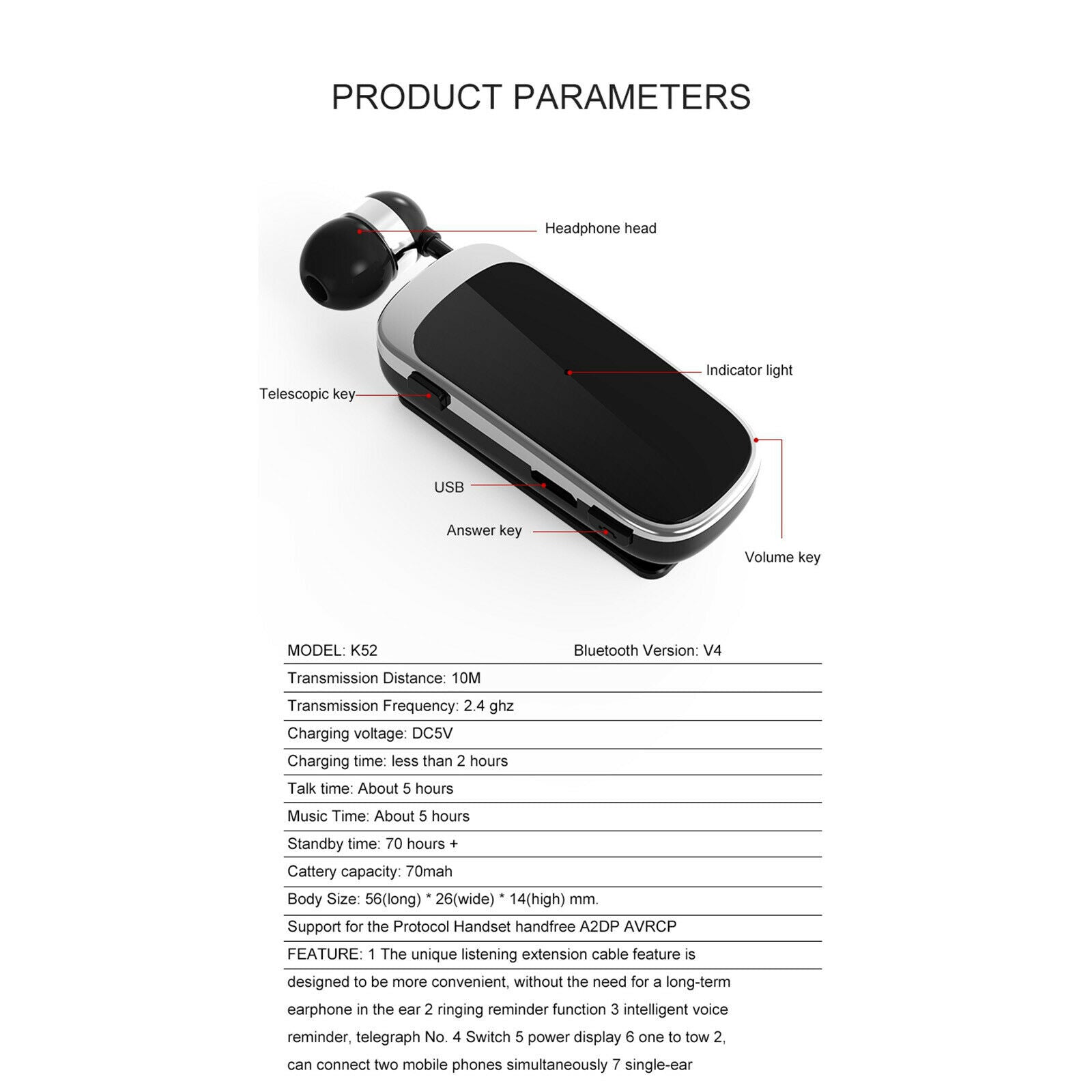 Bluetooth Wireless Headset Clip-on Earphone Handsfree Blue White No Box