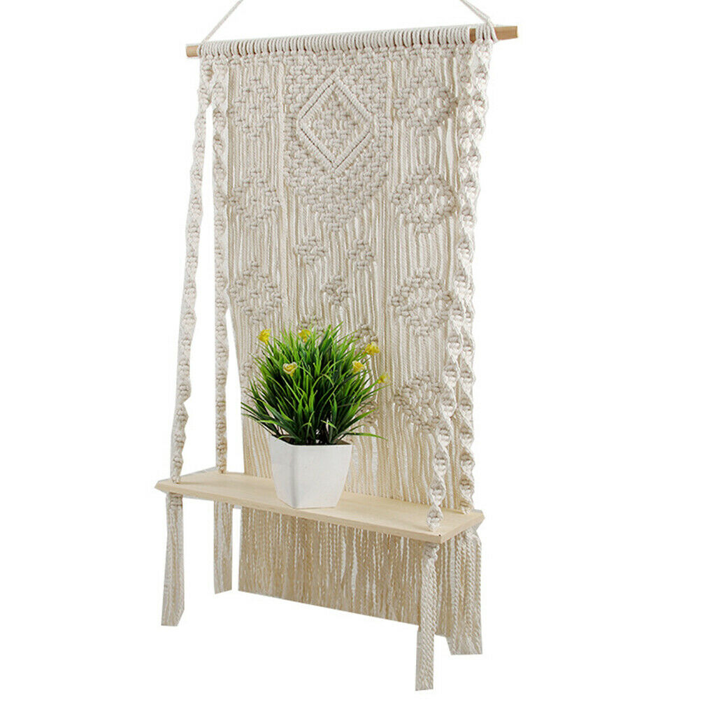 Boho Wall Hanging Shelf Woven Cotton Rope Tapestry Tassel Books Hanger