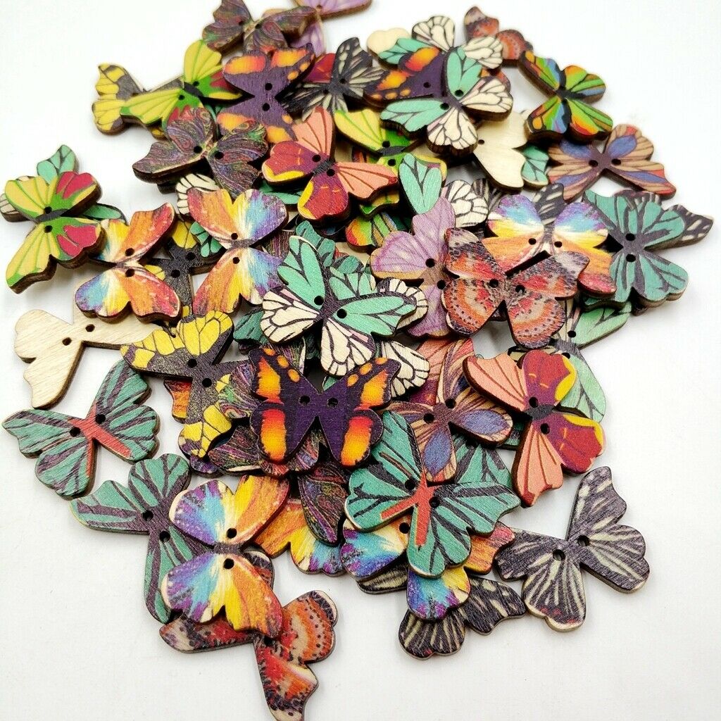 50pcs Mixed Butterfly Wood Buttons Clothing Decor Crafts Sewing Scrapbooking