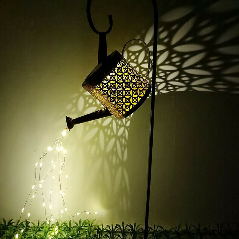 Iron Hollow Out Lamp Metal Solar Powered Watering Can Sprinkles Fairy Li KX