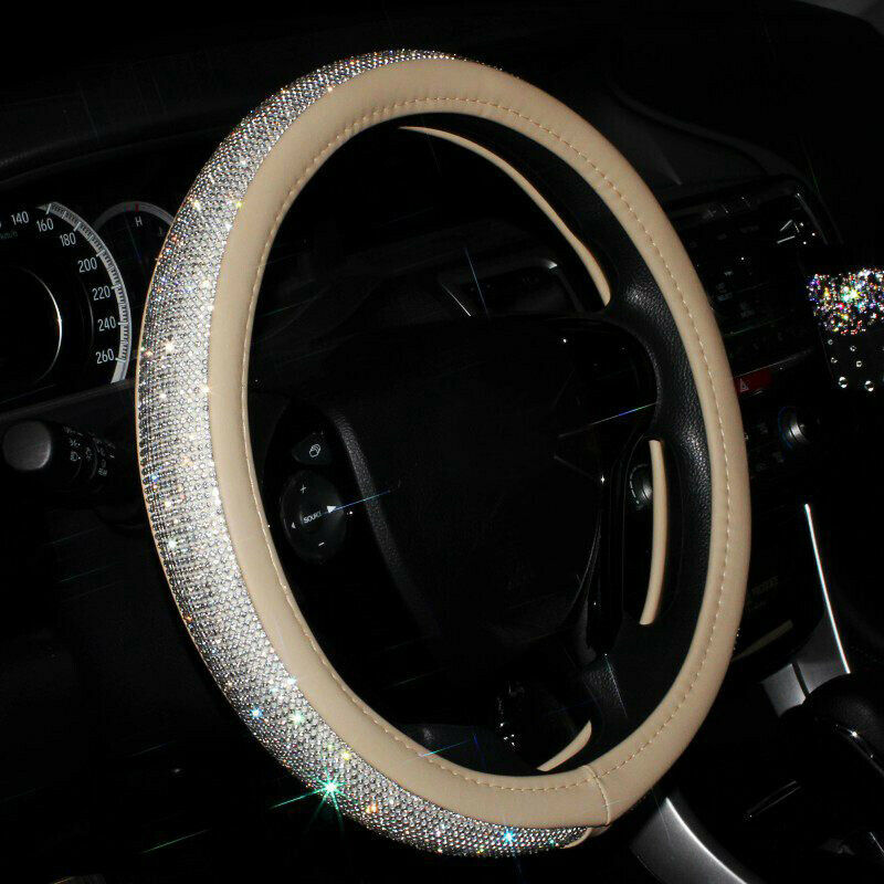 38cm/15'' Crystal Car Steering Wheel Cover Bling Rhinestone PU Leather Non-slip