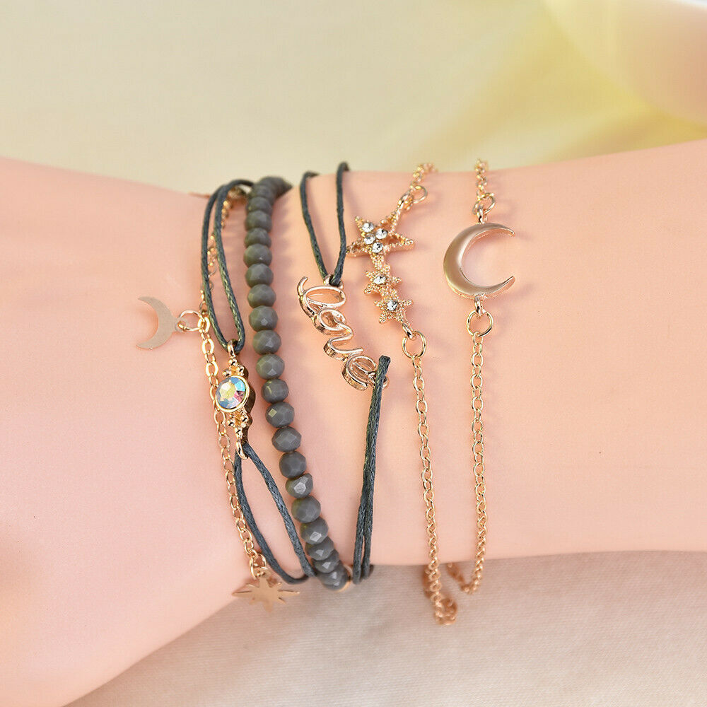 6PC Fashion Women Crystal Moon Star Adjustable Open Bangle Bracelet Jewelry ~