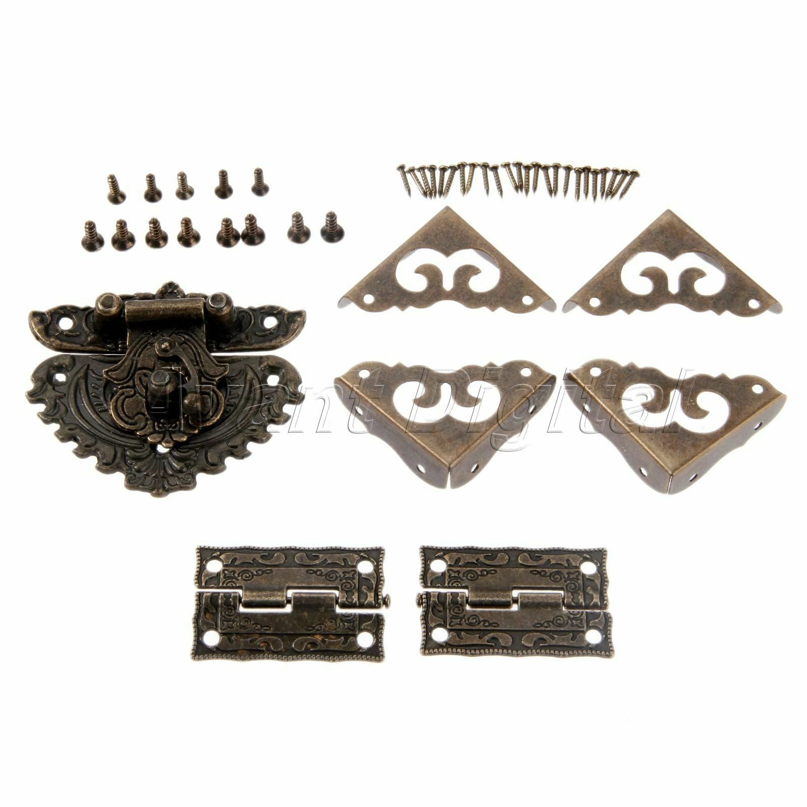 Classic Carved Flower Box Latch Hasp & Corner Protectors Guard & 2x Hinges Set