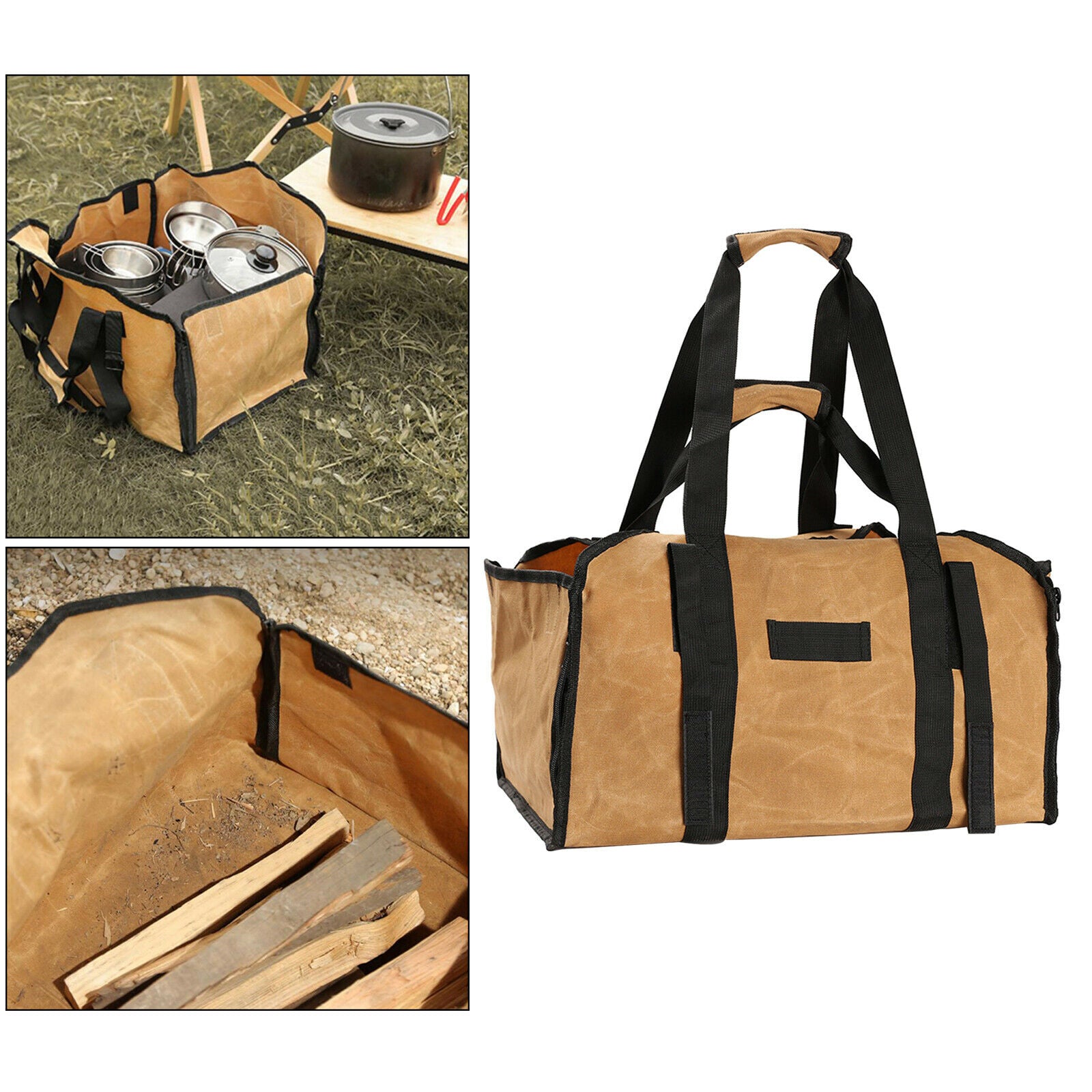 Wax Canvas Firewood Bag Indoor Log Carrier Tote Wood Holder BBQ Accessory