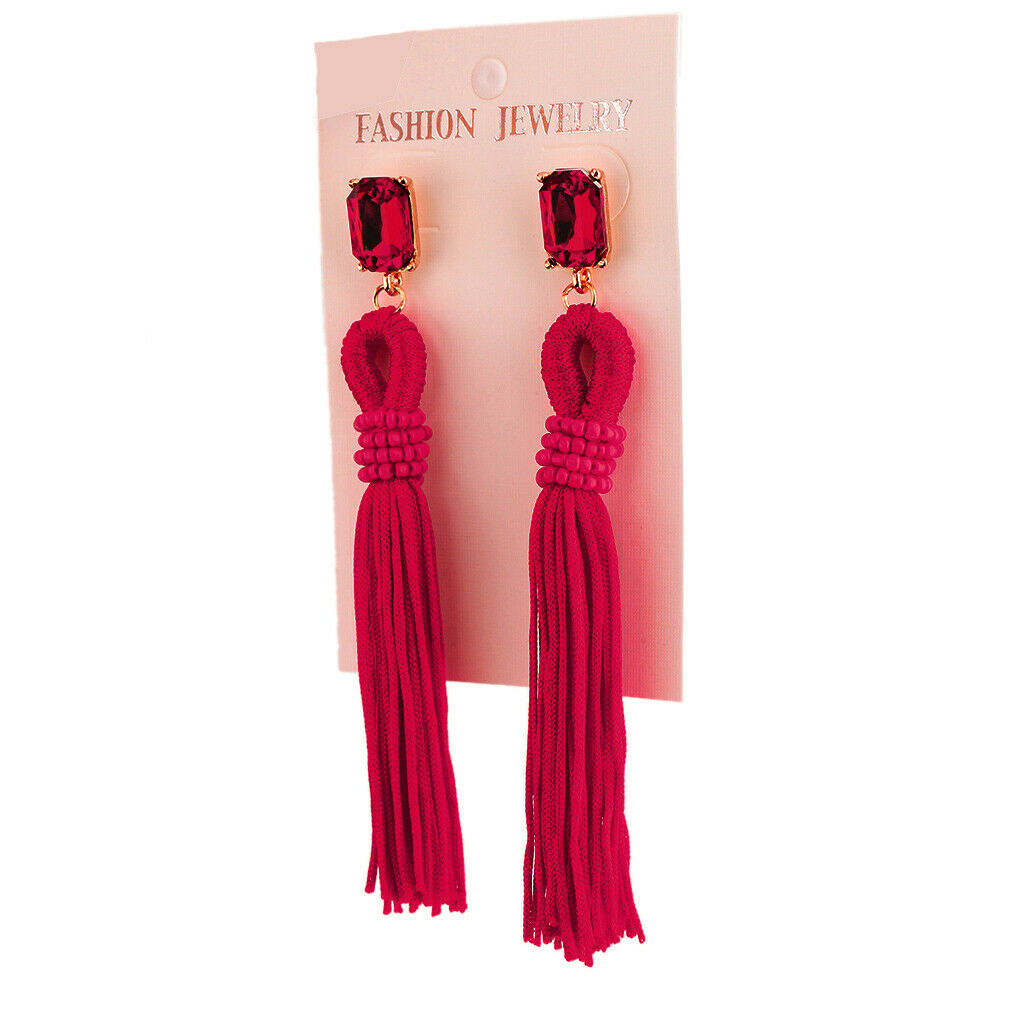 Fashion Women Party Jewellery Long Fringe Taasel Dangle Earrings Rose Red