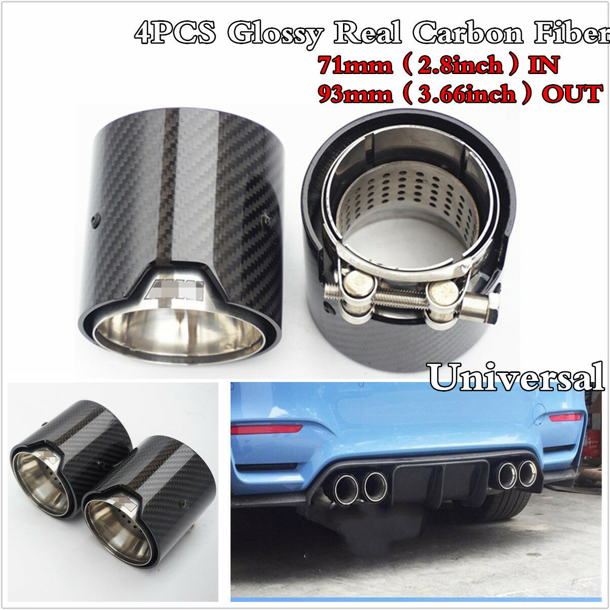 Universal Real Carbon Fiber Exhaust tip OUTLET: 93mm 3.66inch INLET:60mm 2.4inch