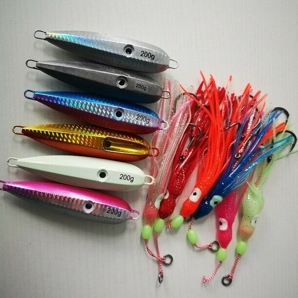 Assorted 6 Vertival Jigging Inchiku Jigs Striped Glow Assist Hook Trolling Tuna