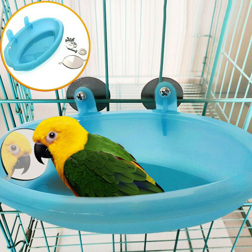 Mini Plastic Bird Bath Basin With Mirror Pet Parrot Bathtub Birds Carrier Supply