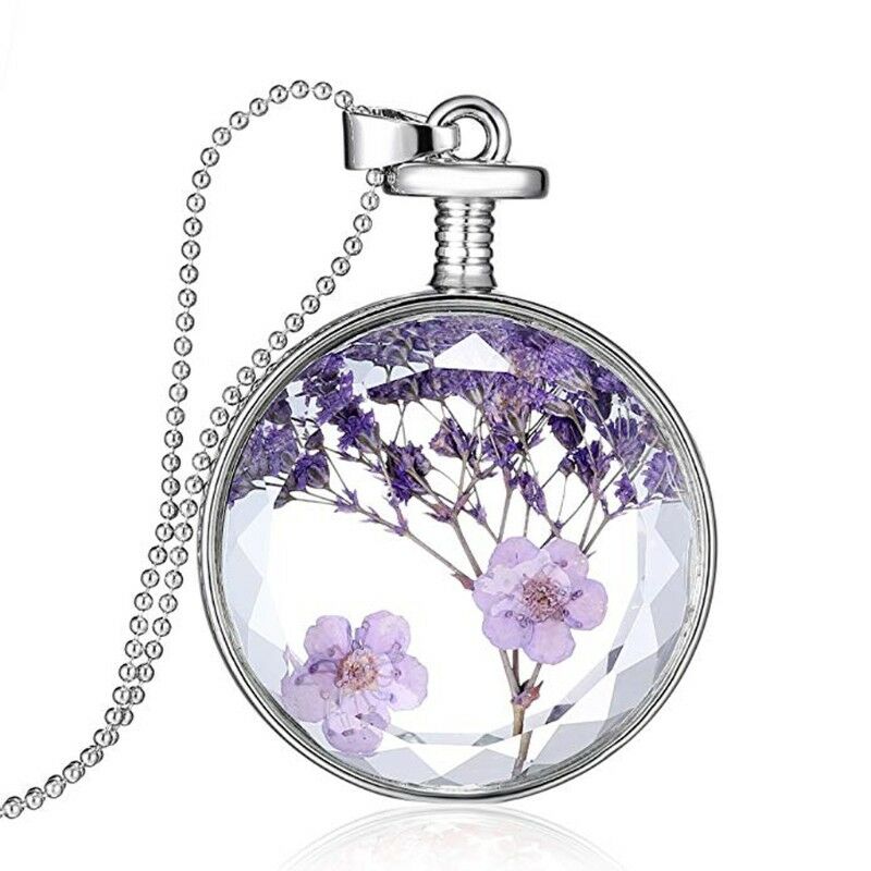 Natural Dried Flowers Necklace Pendant Pressed Lavender Glass Plant decor Gift