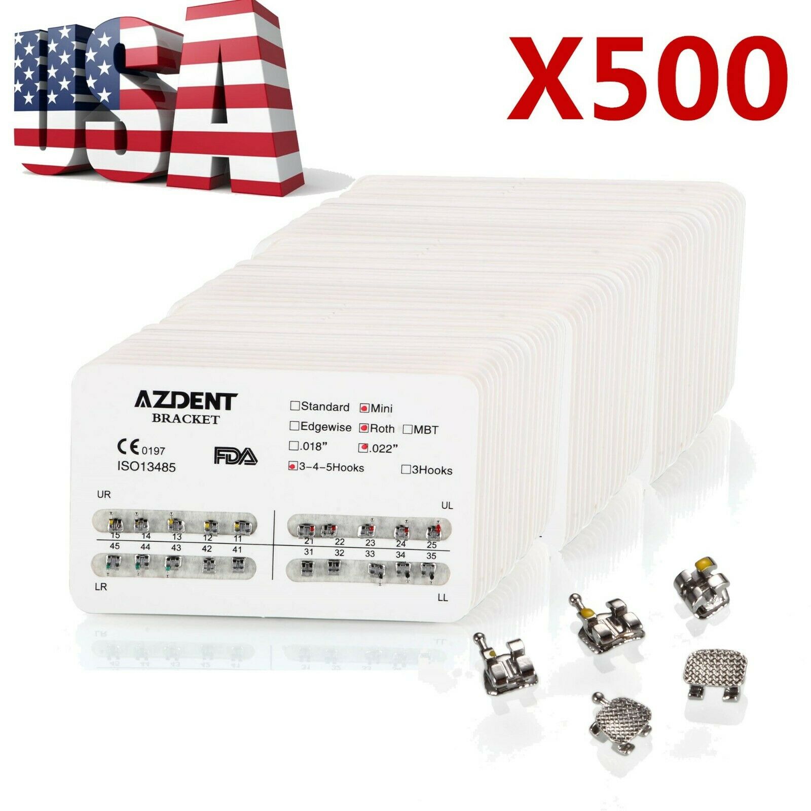 500X AZDENT Dental Orthodontics Brackets Metal Braces Mini Roth.022 Hooks 3 4 5