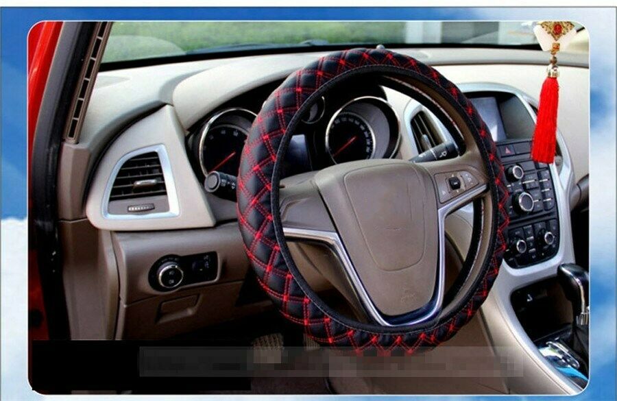 2pcs 15'' Car Steering Wheel Cover black & red  Plush Anti-slip  fur wheel cover