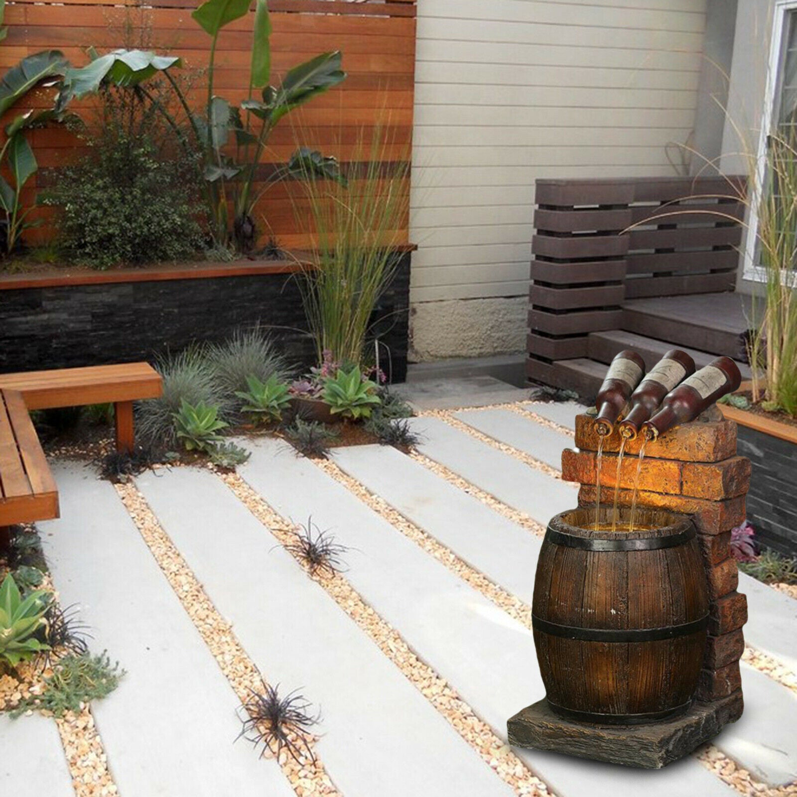 Mini Wine Bottle and Barrel Garden Water Fountain Rustic Home Decoration
