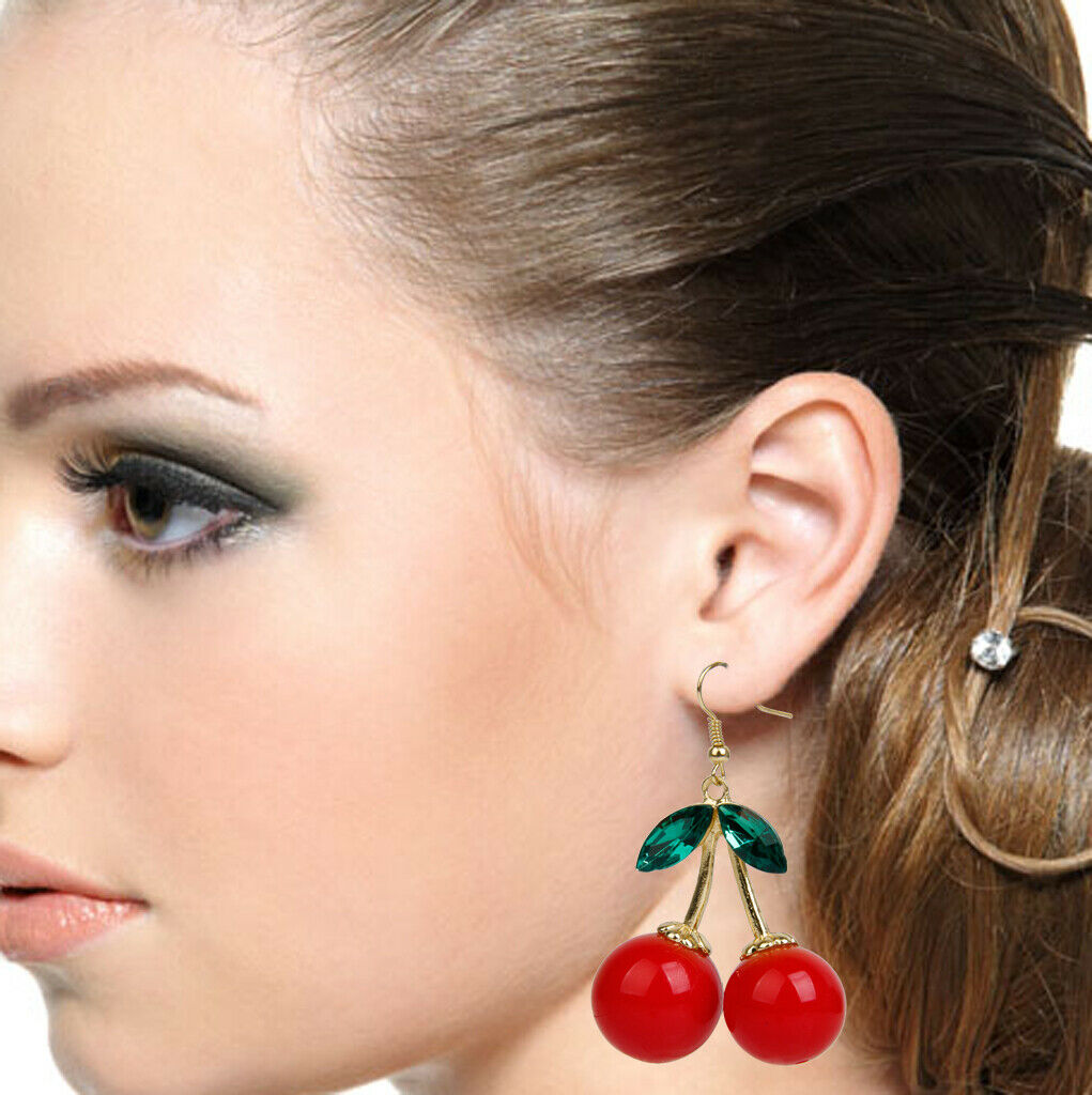 Rockabilly Red Cherry Diamante Crystal Drop Dangle