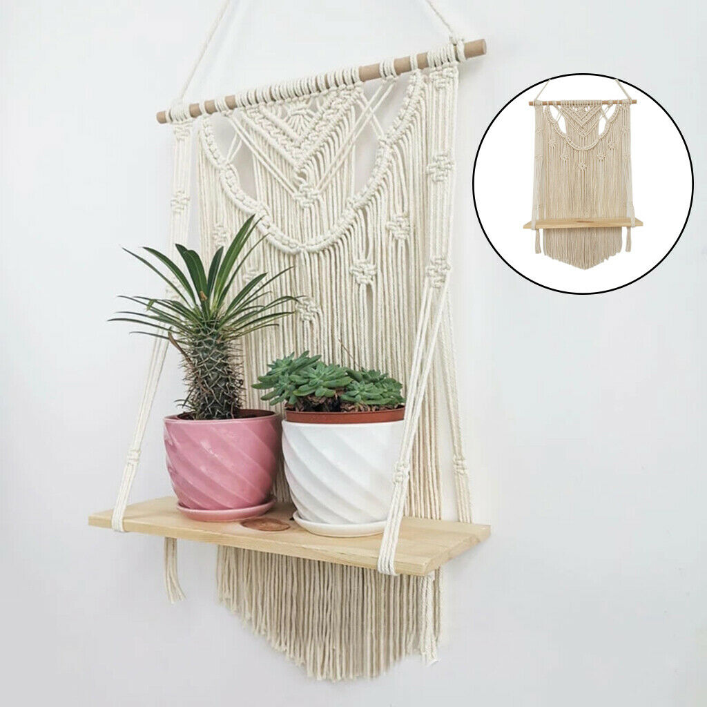Home Bohemian Macrame Wall Hanging Wooden Shelf Storage Unit Wall Mounted
