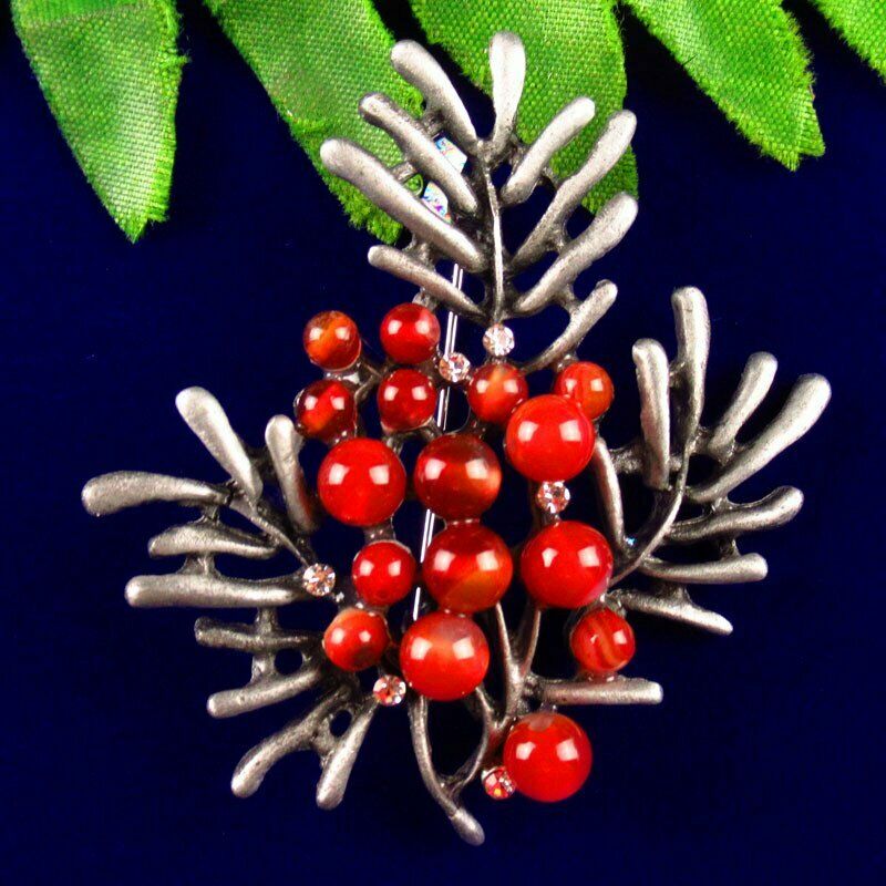 Natural Red Agate Beads Rhinestone Alloy Dendritic Brooch 61x54x10mm BL-66