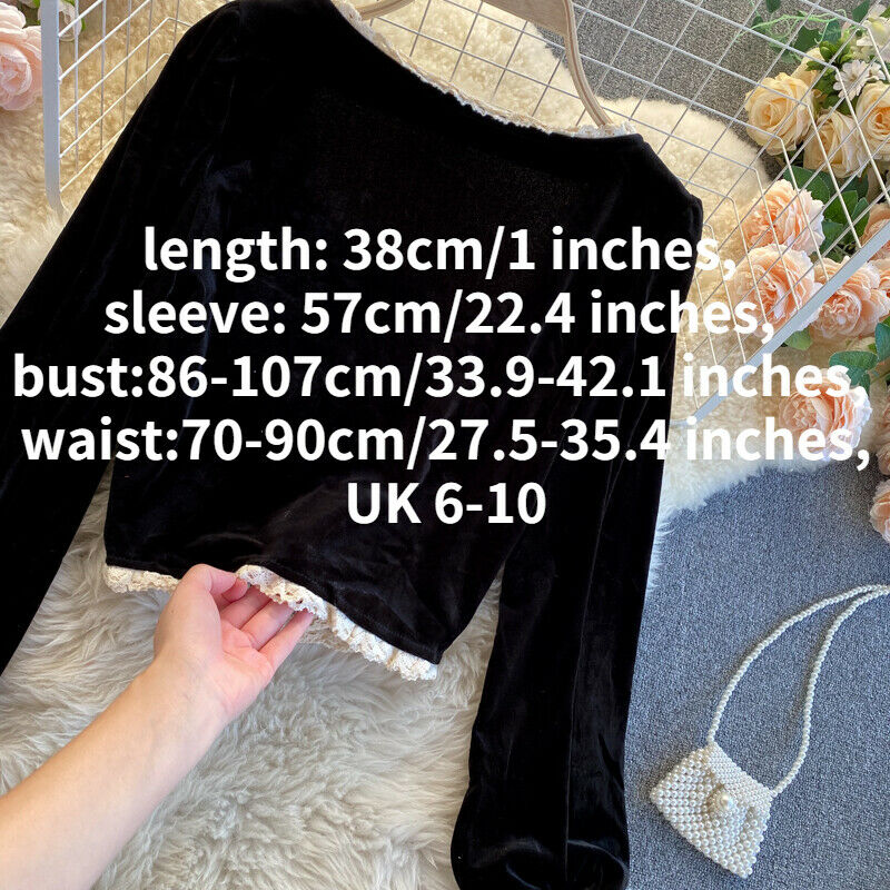 Women Velvet Blouse Lace Square Neck Crop Tops Frog Button Shirt Black Retro