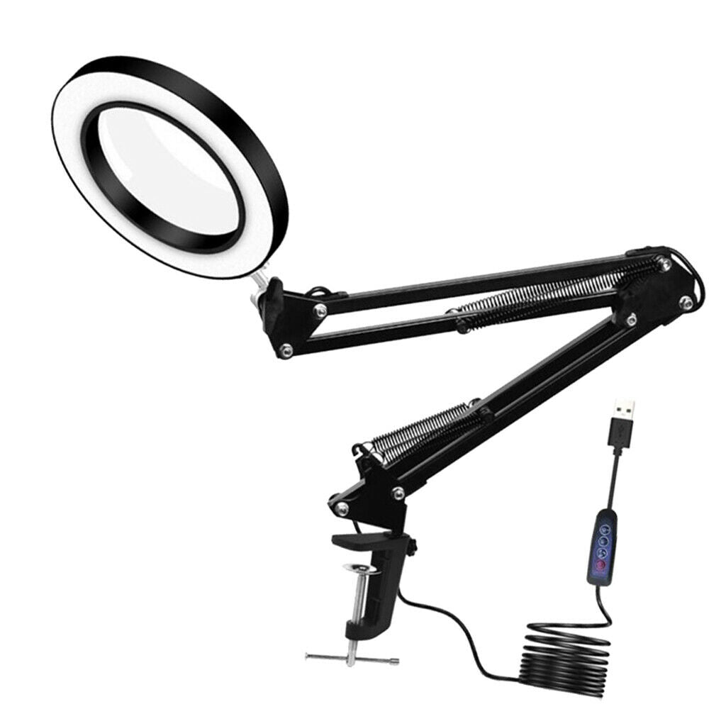 3 Color Modes Lamp 5X Magnifying Glass w/ Clamp for Table Reading Craft 25cm