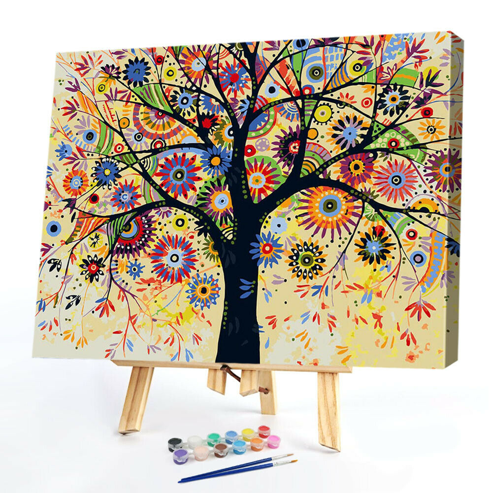 Hand Painted DIY Painting By Numbers Colorful Tree Wall Art Craft Picture @