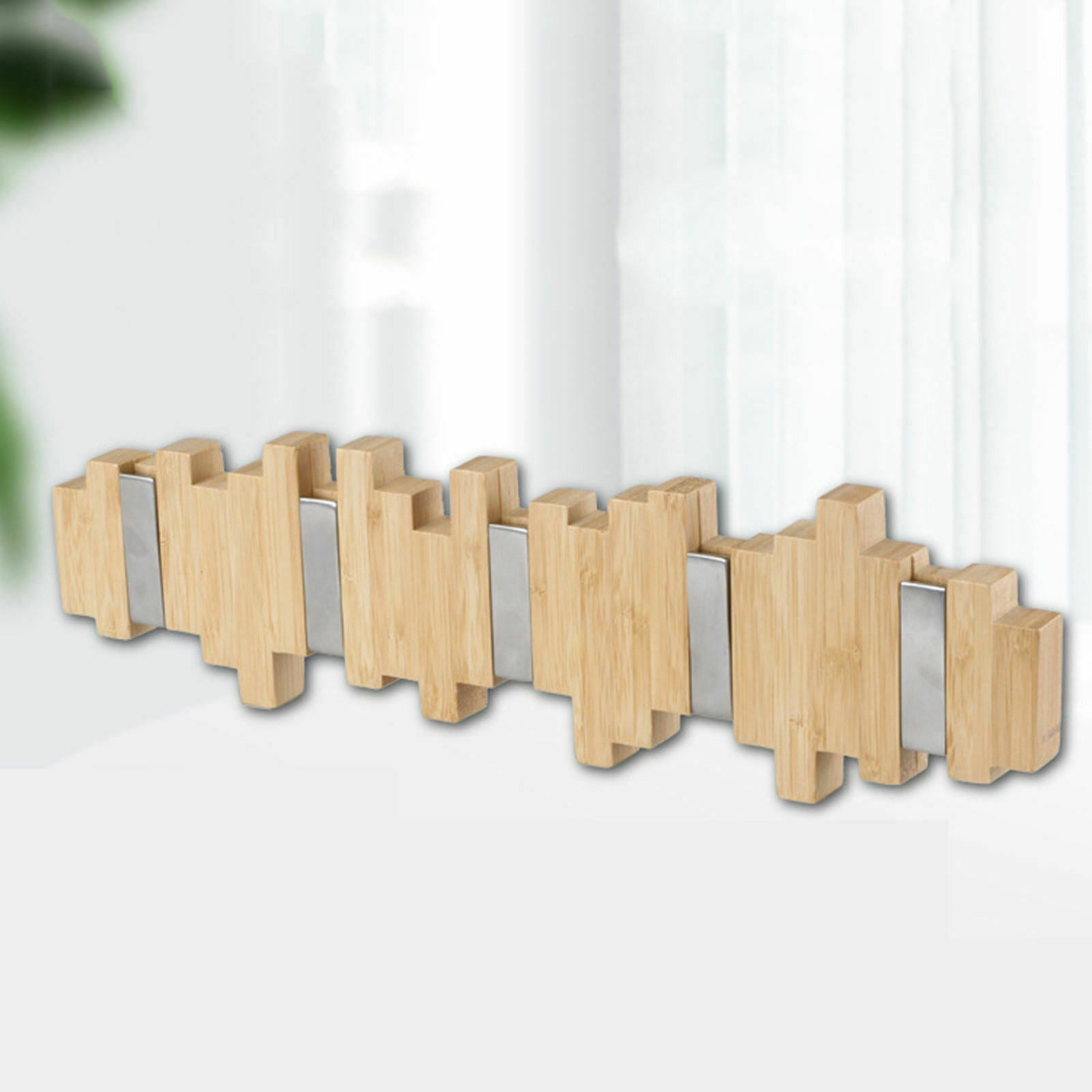 Bamboo Wall Coat Rack Hook 5 Metal Hooks Towel Entryway Hanger Classic