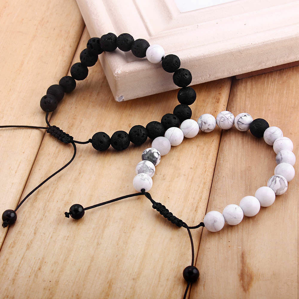 Distance Braided Bracelet Relationship Jewelry Natural Black/White Stone 2PCS