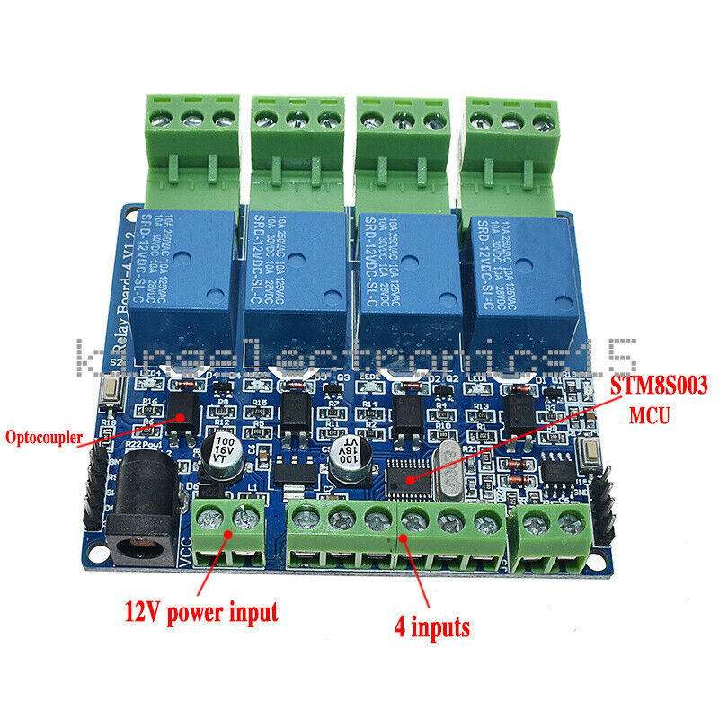 1X 12V Modbus RTU 4 Way Relay Module STM8S103 4 Road Input 485 Communication