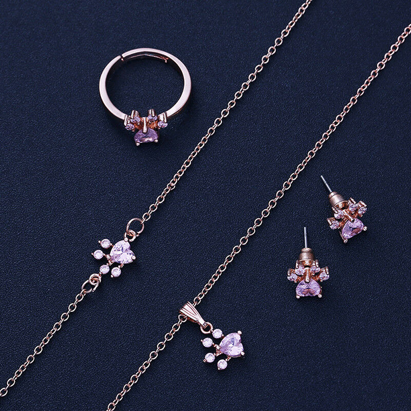4X Footprints Paw Jewelry Set Crystal Necklace Bracelet Ring Earings Hot .l8