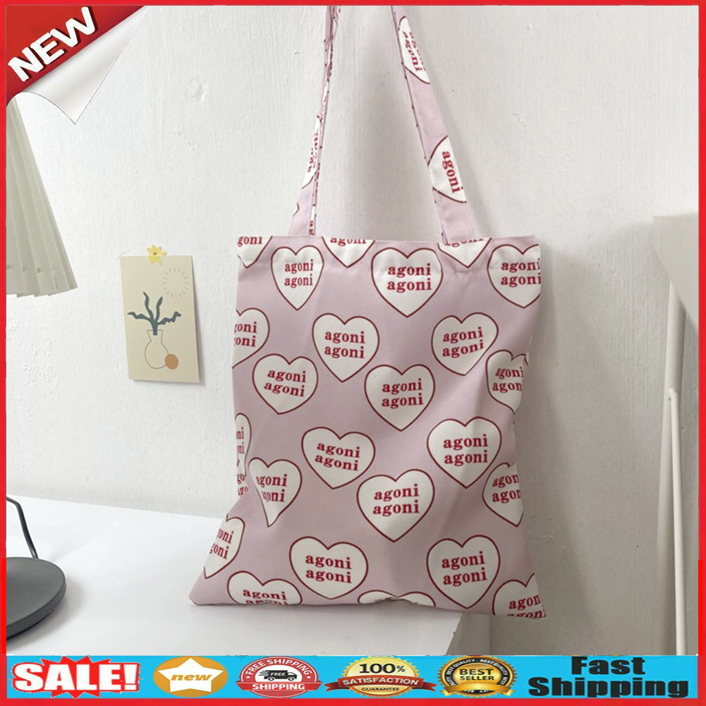 Women Canvas Shoulder Bags Heart Letters Lady Casual Daily Shopping Handbag @