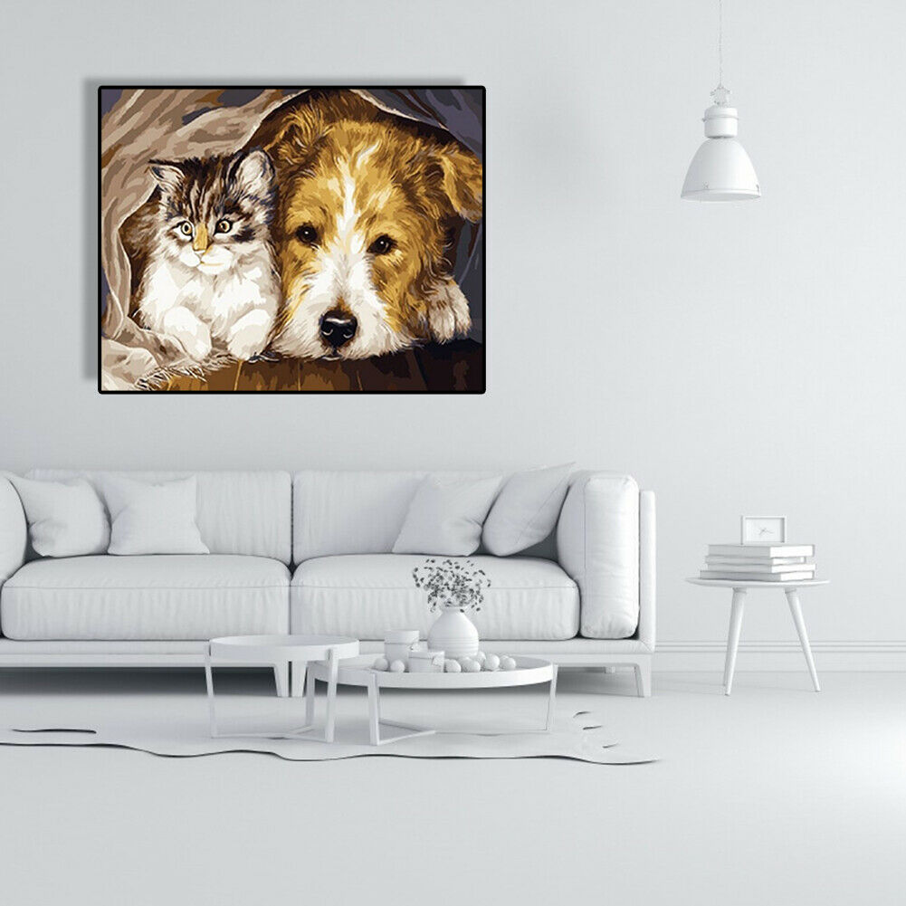 DIY Digital Oil Painting By Numbers Staying Dog Cat Acrylic Animal Picture @