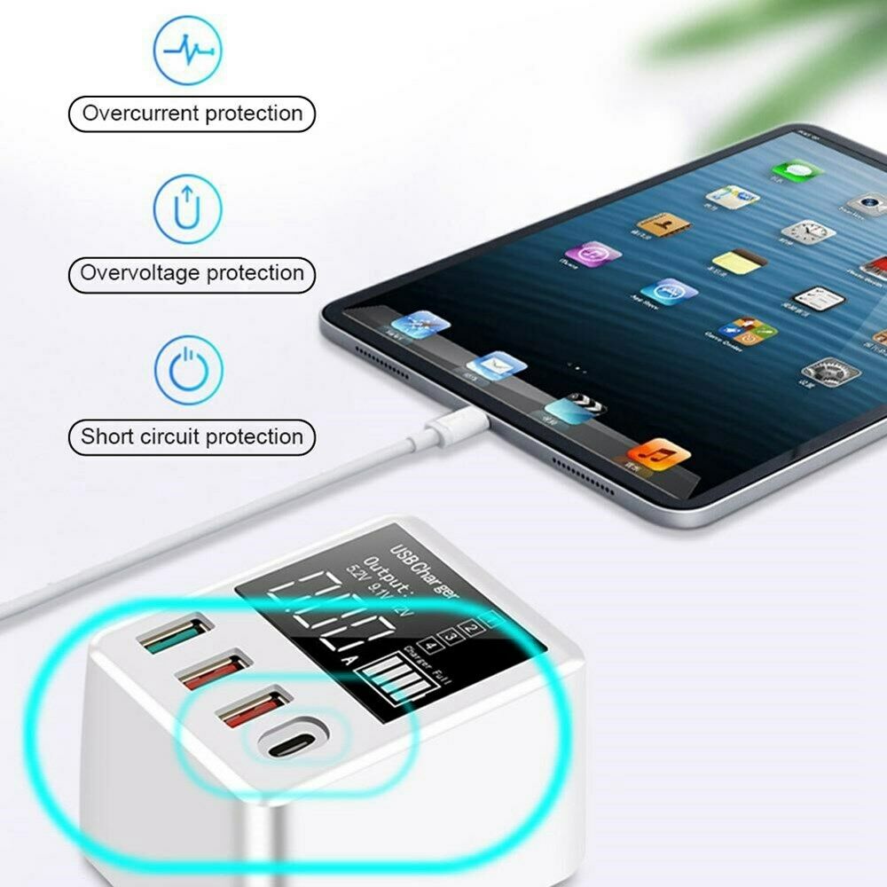 40W 4-Port Charging Hub QC 3.0 USB Port PD LED Display Wall Charger US Plug CA
