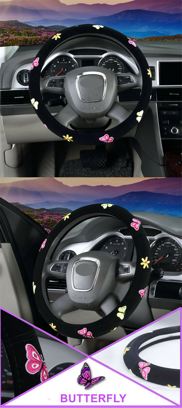 38CM  Black Embroidery Car Steering Wheel Cover Suitable for women girl