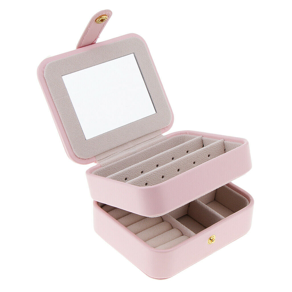 Portable Leather Double Layer Travel Earrings Jewelry Box Storage Pink