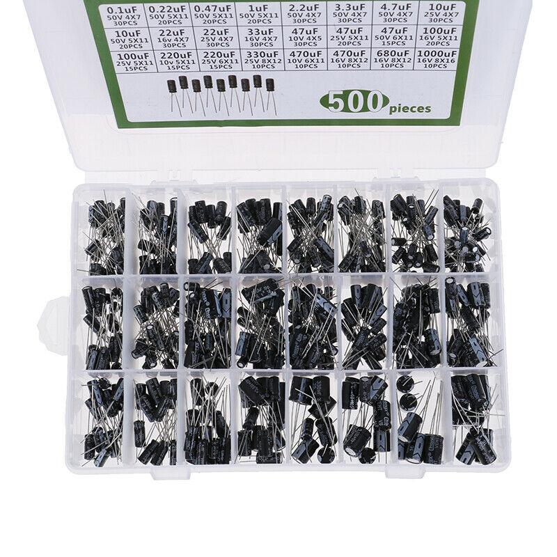 500Pcs 0.1-1000UF 24Values Aluminum Electrolytic Capacitors 16-50V CapacitoY1