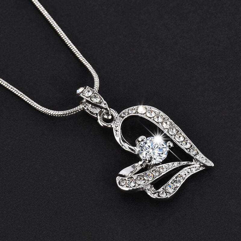 Women Rhinestone Love Heart Crystal Pendant Necklace Chain Jewelry Gift