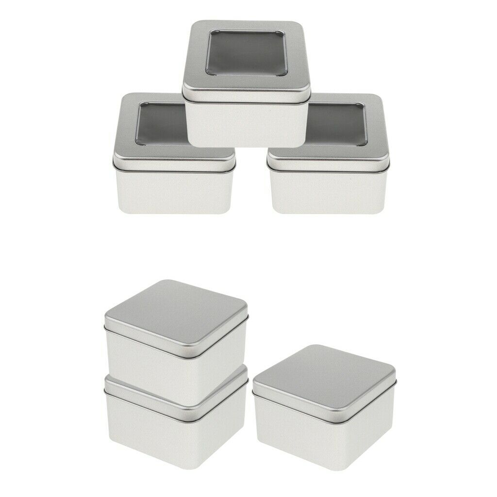 Set of 3 Small Tin Box Container, Square Empty Tin Storage Case (Clear Top,