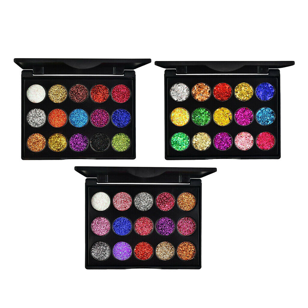3Pack Glitter 15 Colors Eyeshadow Palette Makeup Eye Shadow Blendable Powder